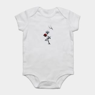 Created Artwork of Two Roses one Red and one White Growing from a Single Dark Stem with Leaves Baby Bodysuit